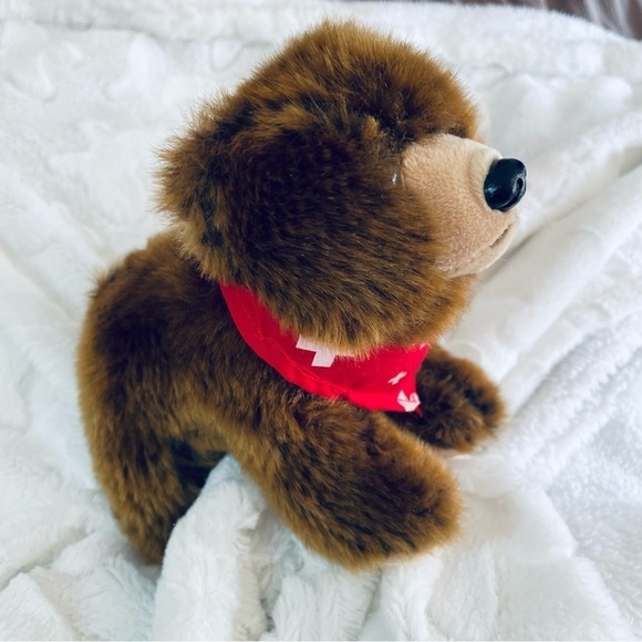 6" Realistic Chestnut Brown Bear Cub with Red Swiss Scarf Bandana - Picture 5 of 11